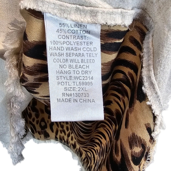 Umgee Womens Boho Linen Cotton Fringe Leopard Print Top 2X Oatmeal Neutral Chic - Picture 12 of 12